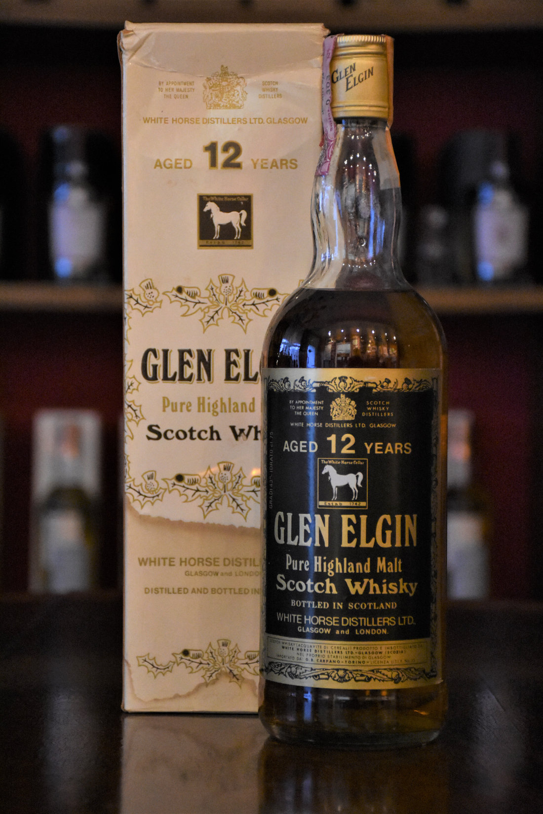 Glen Elgin 12 y.o., White Horse dark brown label Distillery Bottling 1970iger, 43 % - Rare and Old